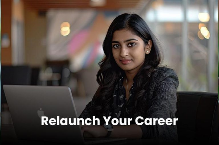 A professional headshot of a young woman with a warm, confident expression. She is seated at a table with a laptop, dressed in business casual attire. The text "Relaunch Your Career" is superimposed on the lower left of the image. The background is a modern office or cafe.